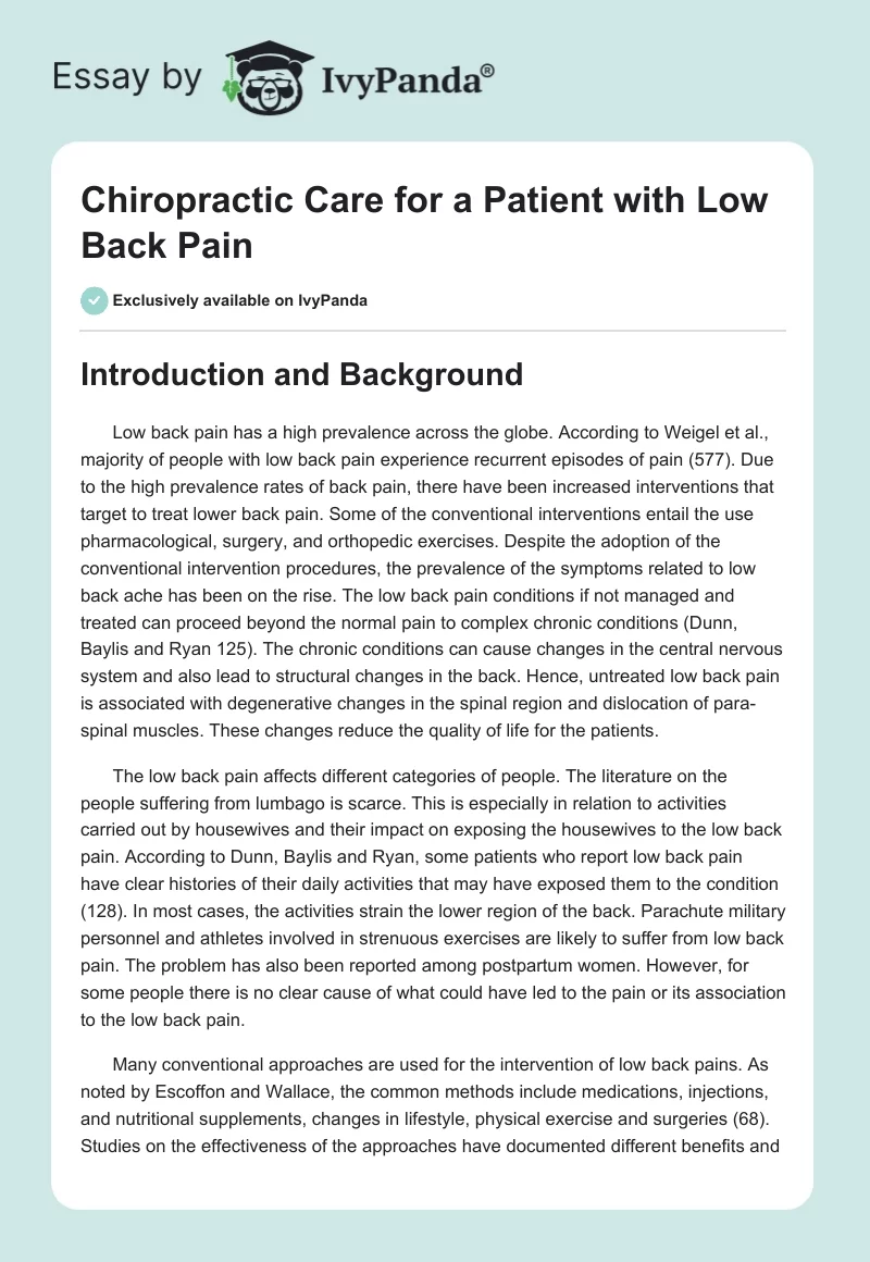 Chiropractic Care for a Patient with Low Back Pain. Page 1