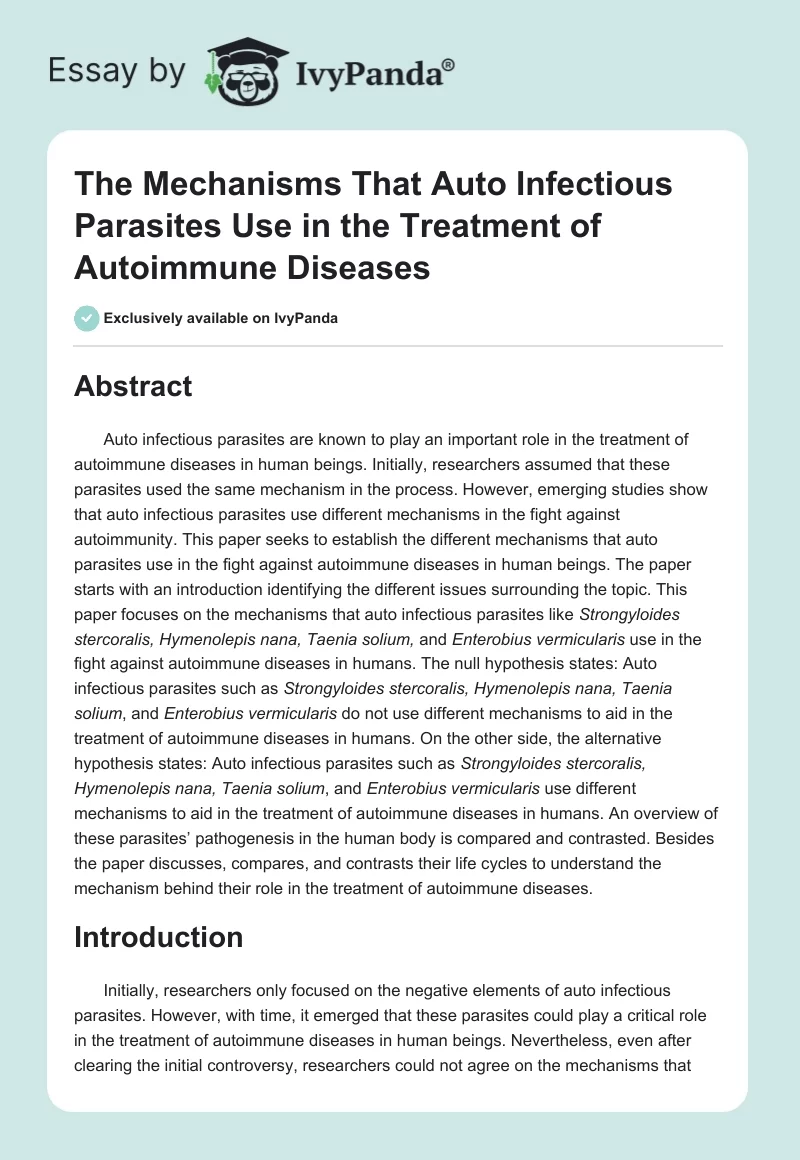 The Mechanisms That Auto Infectious Parasites Use in the Treatment of Autoimmune Diseases. Page 1