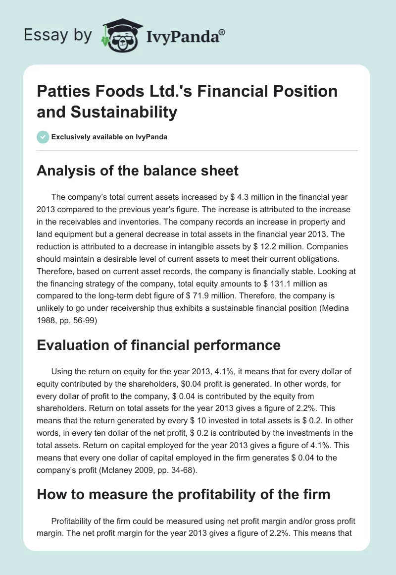 Patties Foods Ltd.'s Financial Position and Sustainability. Page 1