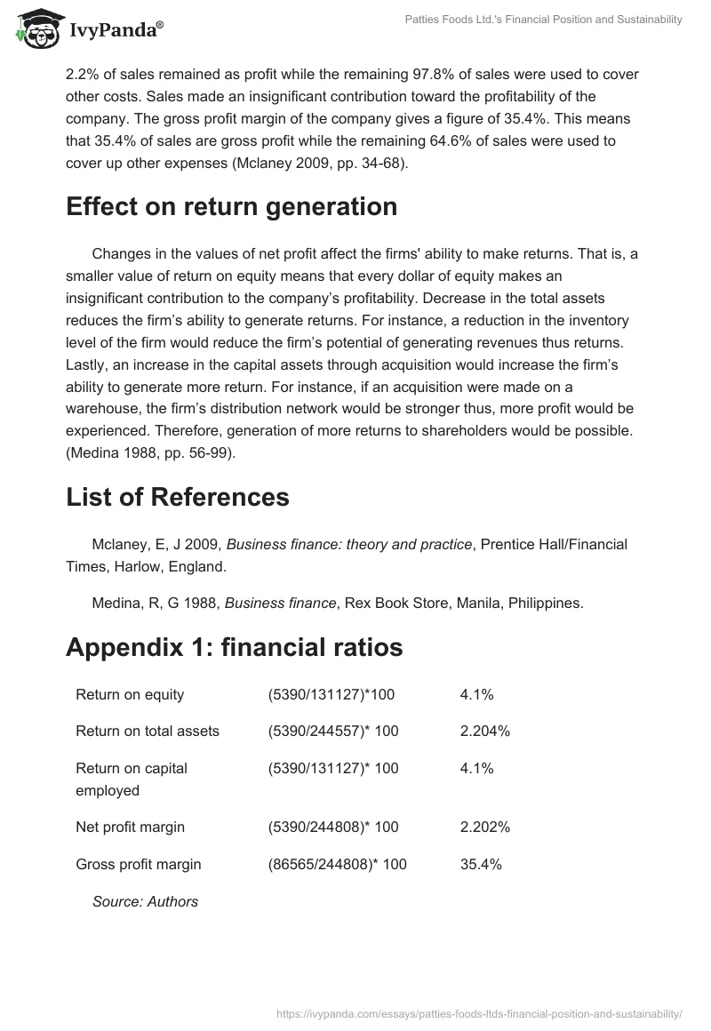 Patties Foods Ltd.'s Financial Position and Sustainability. Page 2