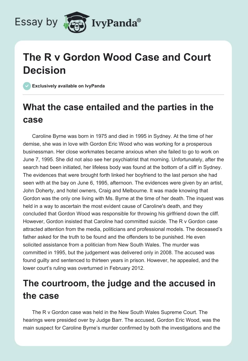 The R v Gordon Wood Case and Court Decision. Page 1