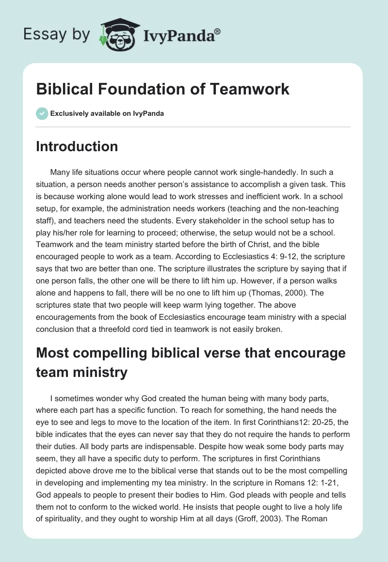Biblical Foundation of Teamwork. Page 1