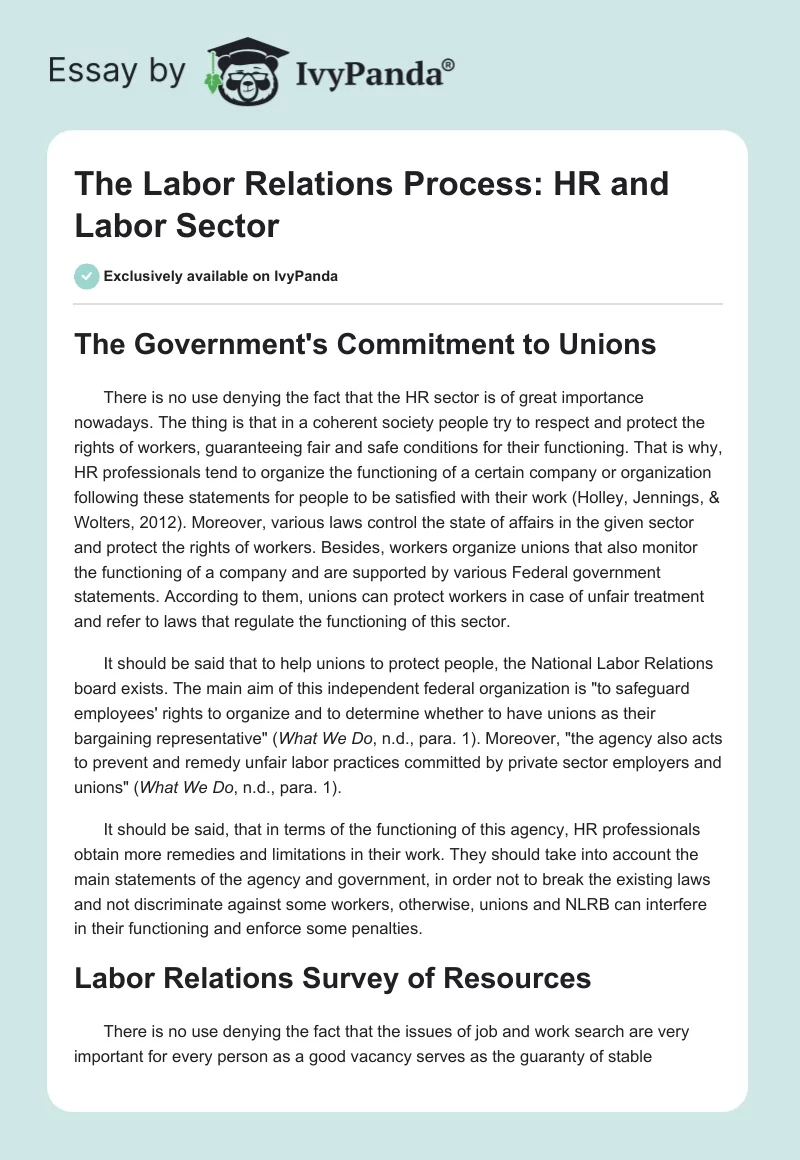 The Labor Relations Process: HR and Labor Sector. Page 1
