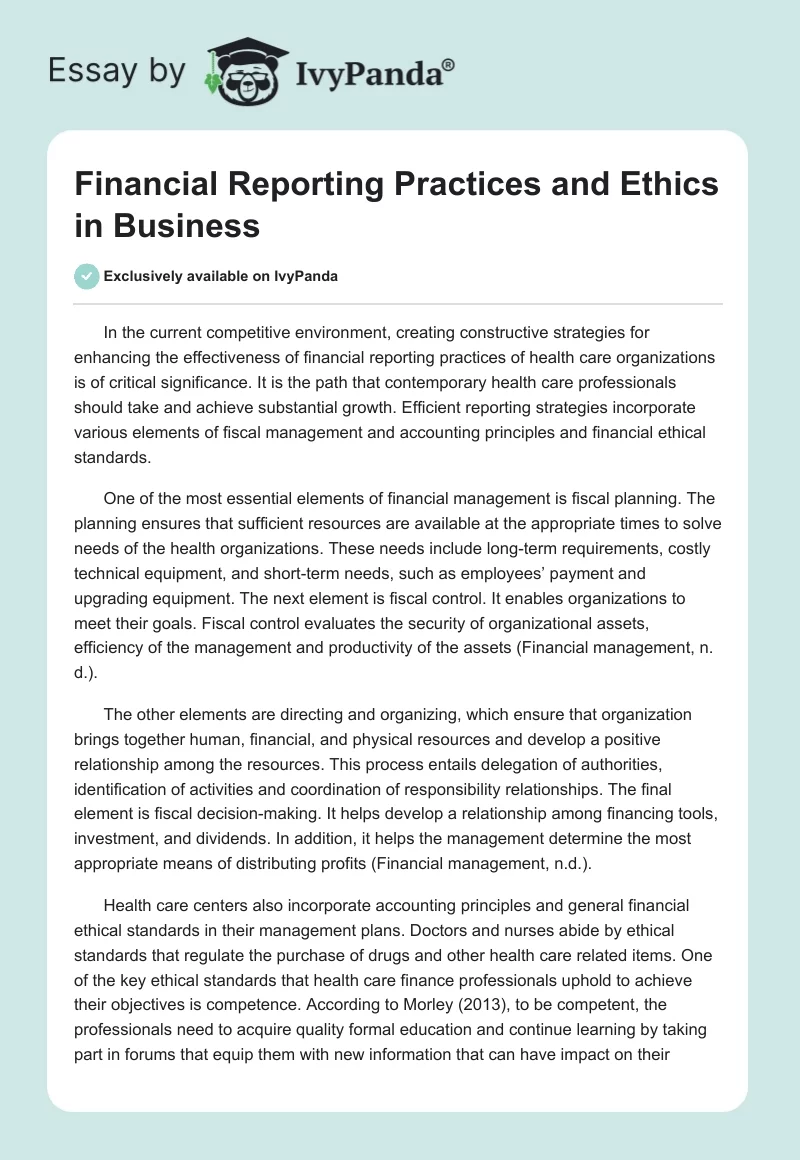 Financial Reporting Practices and Ethics in Business. Page 1