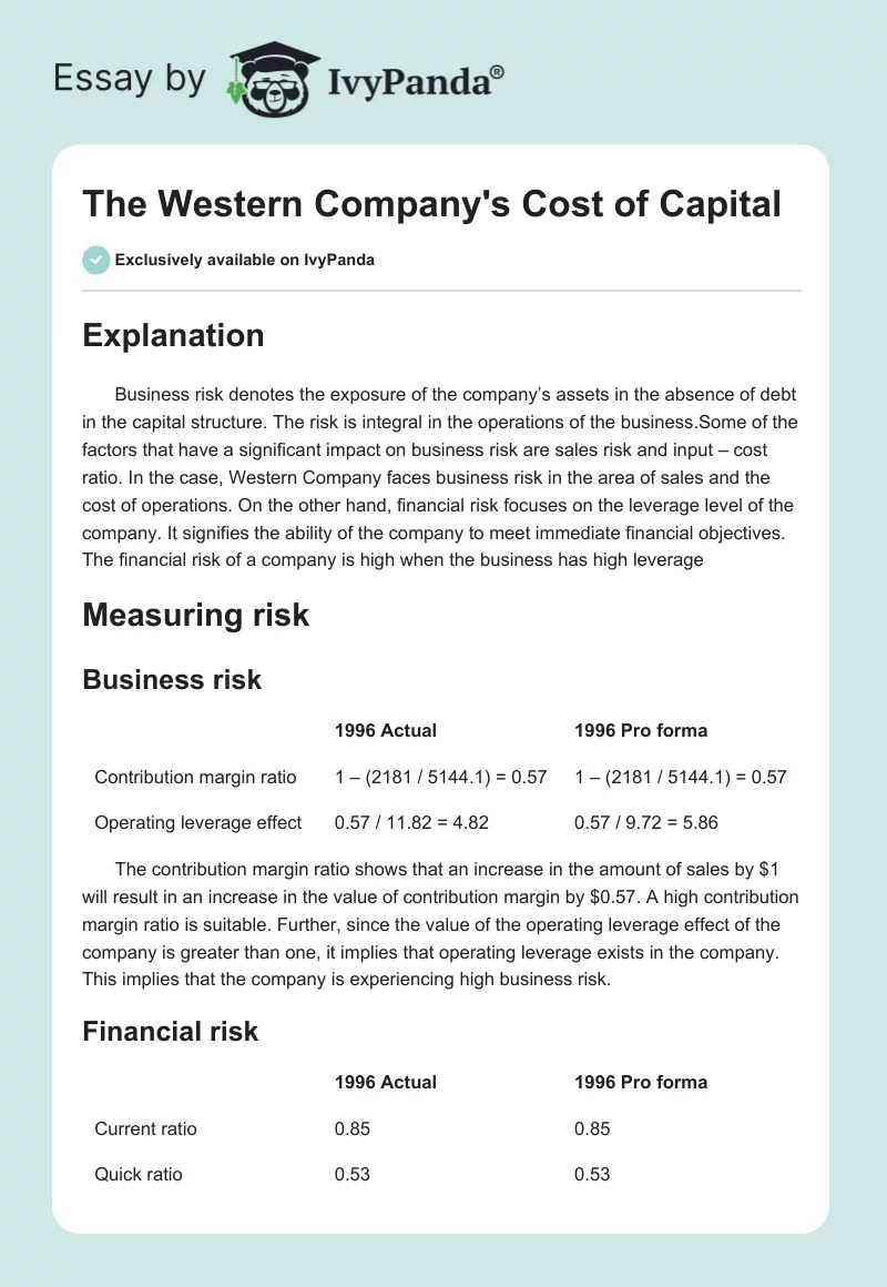 The Western Company's Cost of Capital. Page 1