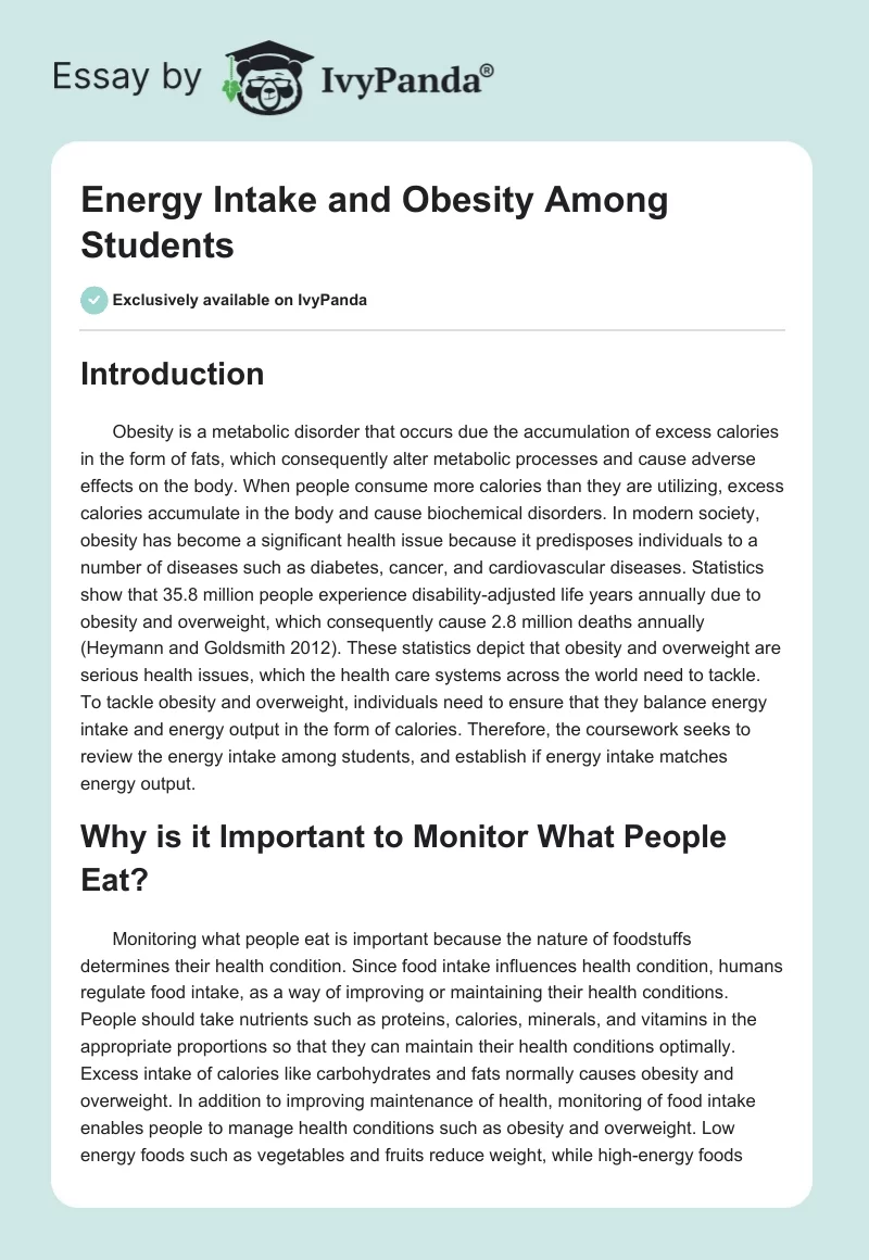 Energy Intake and Obesity Among Students. Page 1