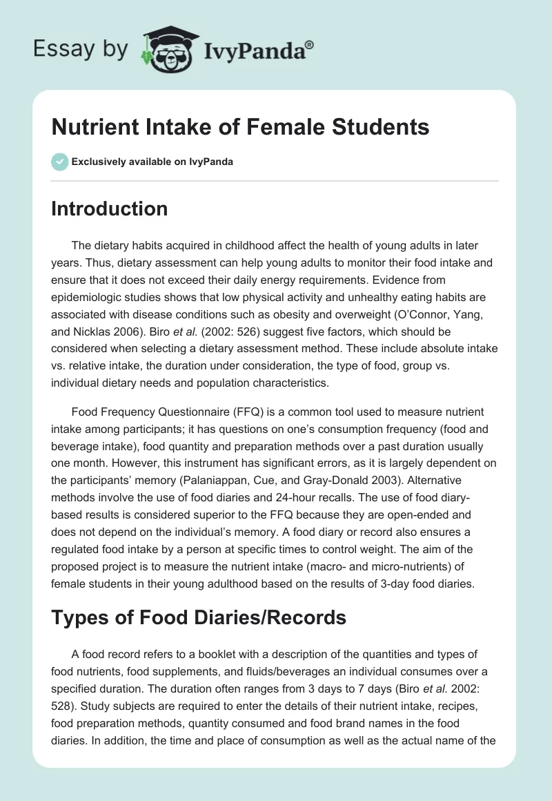 Nutrient Intake of Female Students. Page 1