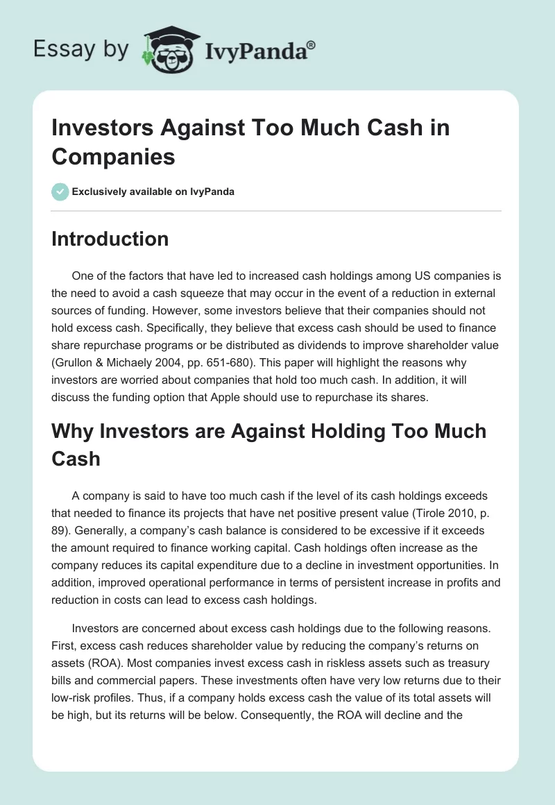 Investors Against Too Much Cash in Companies. Page 1