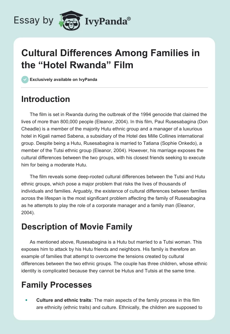 Cultural Differences Among Families in the “Hotel Rwanda” Film. Page 1