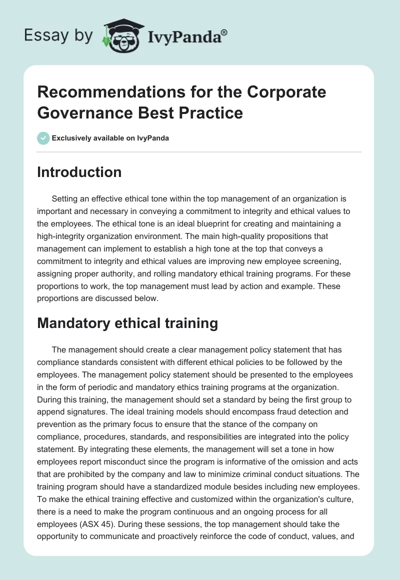 Recommendations for the Corporate Governance Best Practice. Page 1