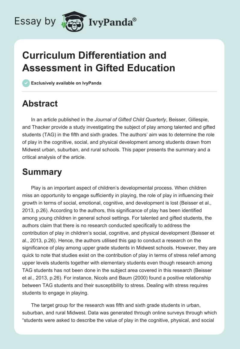 Curriculum Differentiation and Assessment in Gifted Education. Page 1