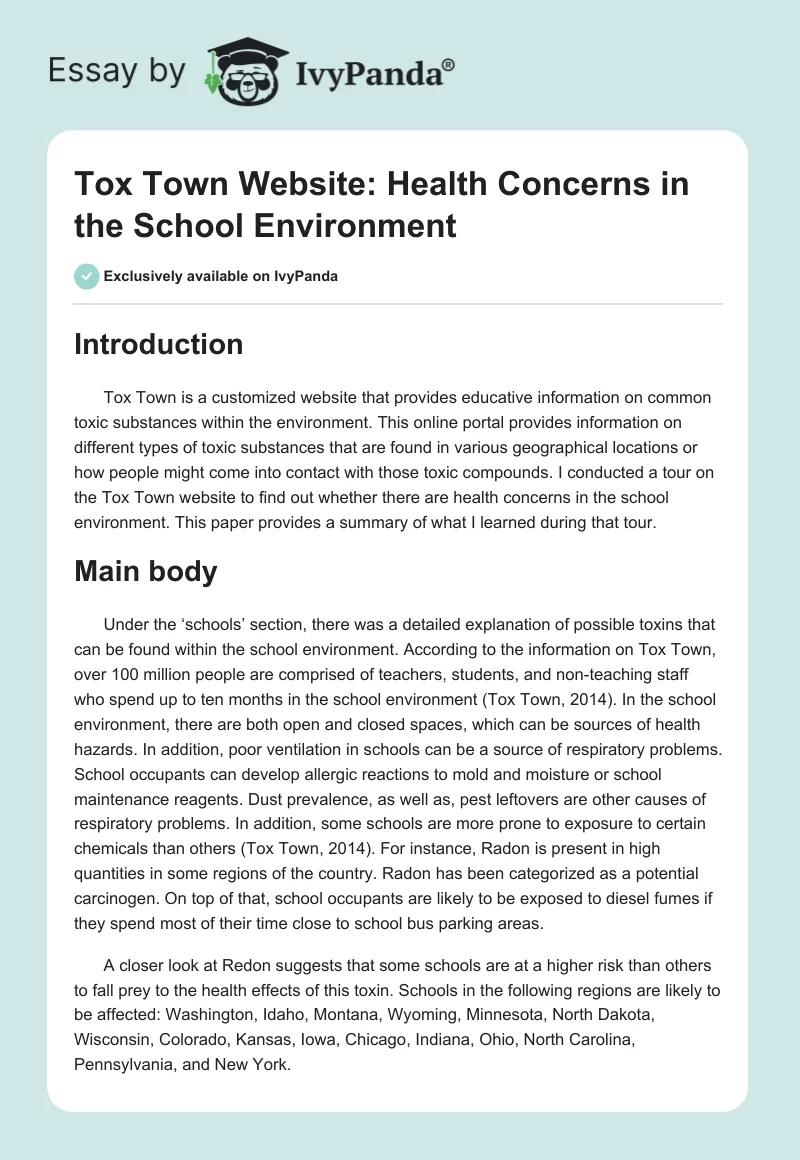 Tox Town Website: Health Concerns in the School Environment. Page 1