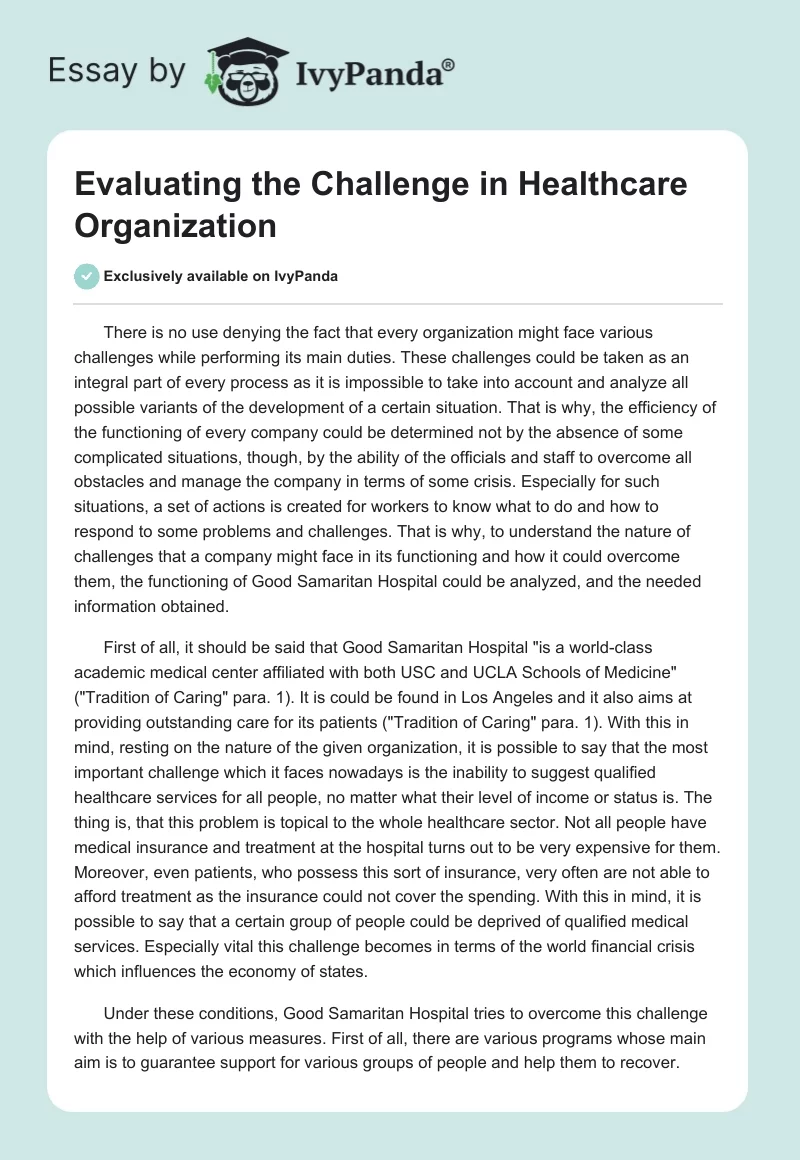 Evaluating the Challenge in Healthcare Organization. Page 1