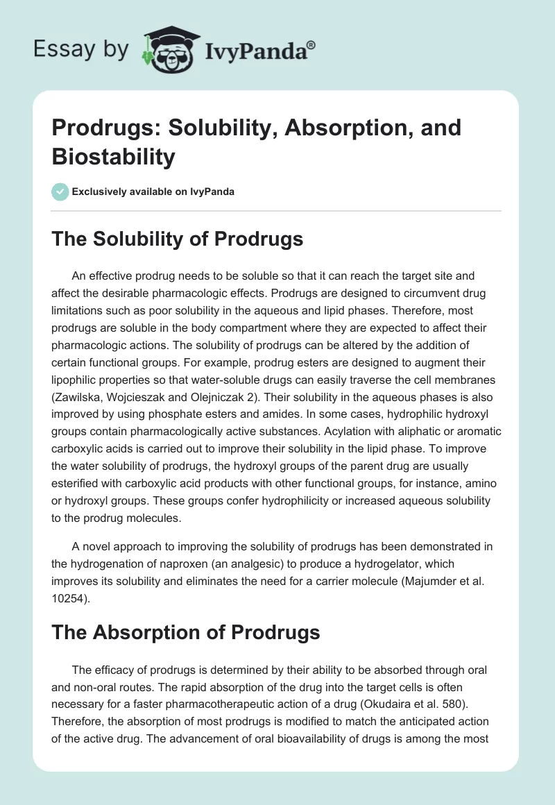Prodrugs: Solubility, Absorption, and Biostability. Page 1