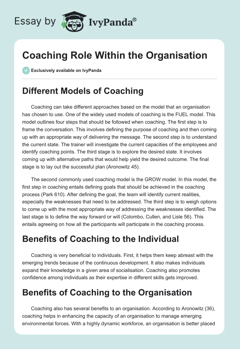 Coaching Role Within the Organisation. Page 1