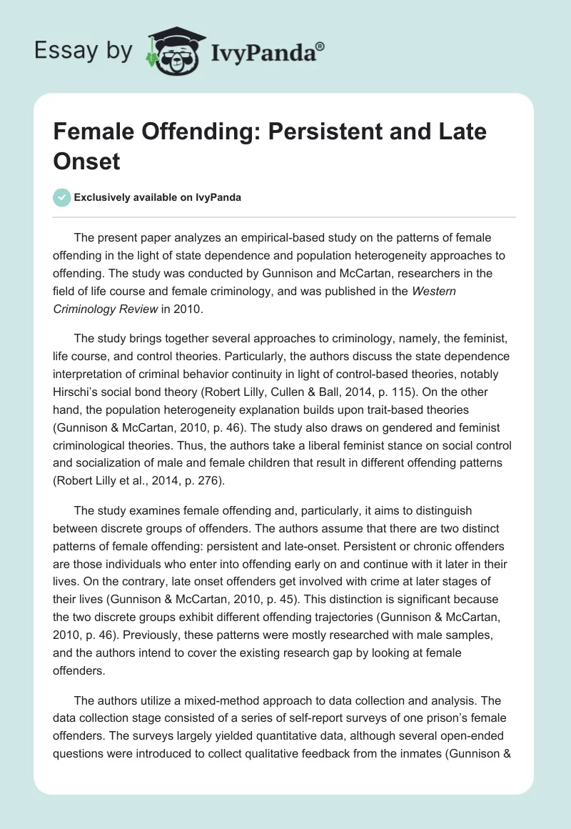 Female Offending: Persistent and Late Onset. Page 1