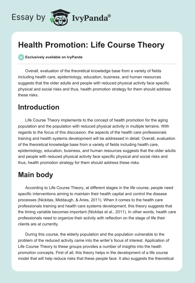 Health Promotion: Life Course Theory. Page 1