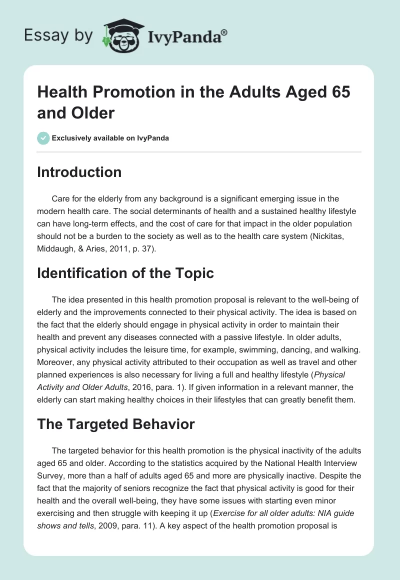 Health Promotion in the Adults Aged 65 and Older. Page 1