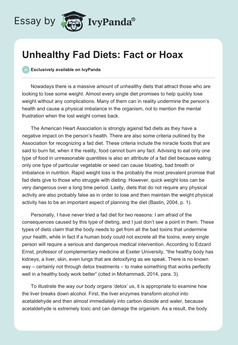 Unhealthy Fad Diets: Fact or Hoax. Page 1
