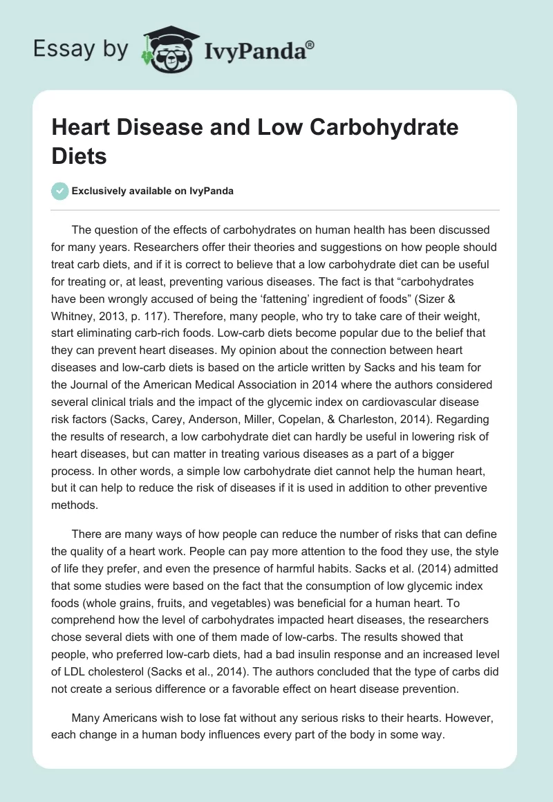 Heart Disease and Low Carbohydrate Diets. Page 1