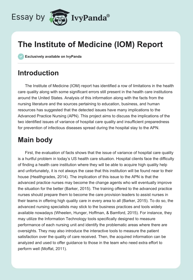 The Institute of Medicine (IOM) Report. Page 1