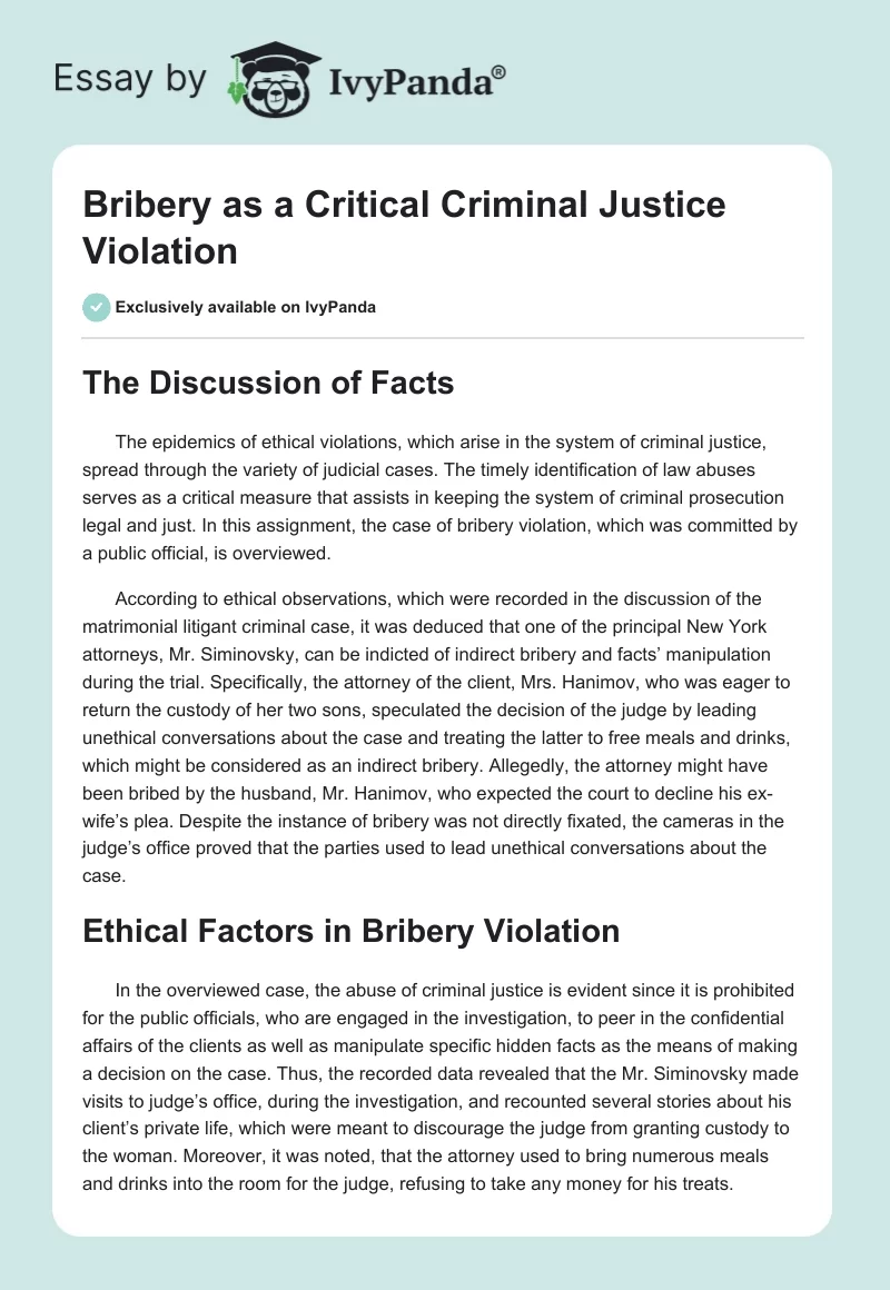 Bribery as a Critical Criminal Justice Violation. Page 1