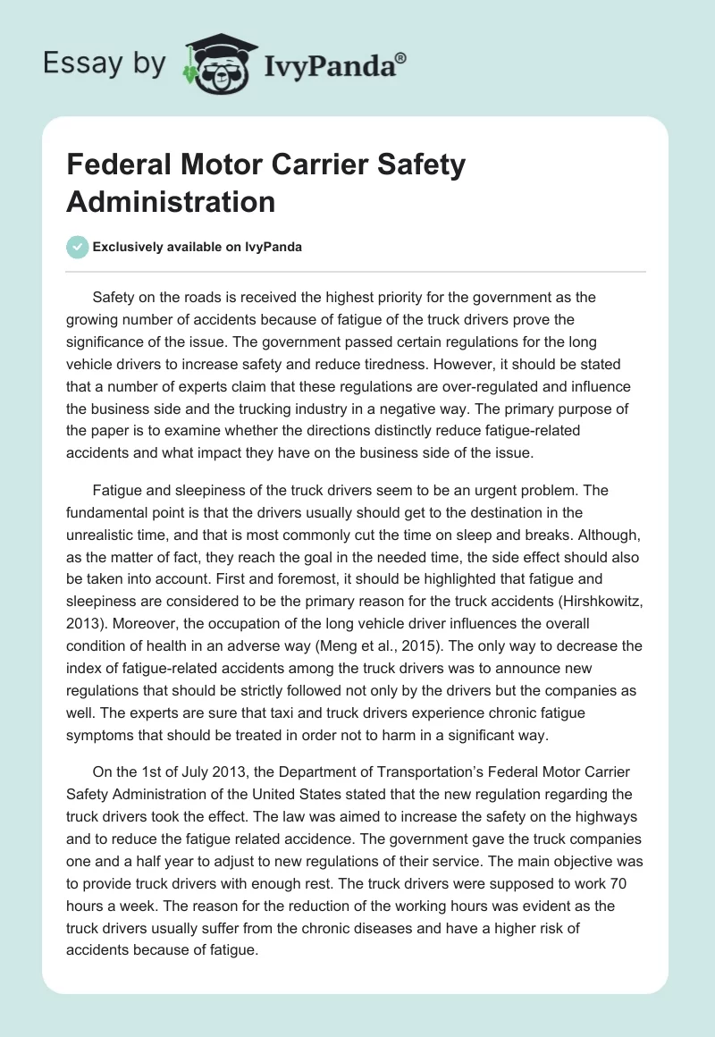 Federal Motor Carrier Safety Administration. Page 1