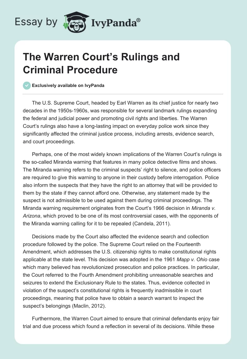 The Warren Court s Rulings and Criminal Procedure 499 Words Essay