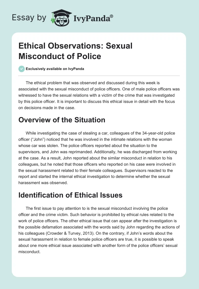 Ethical Observations: Sexual Misconduct of Police. Page 1