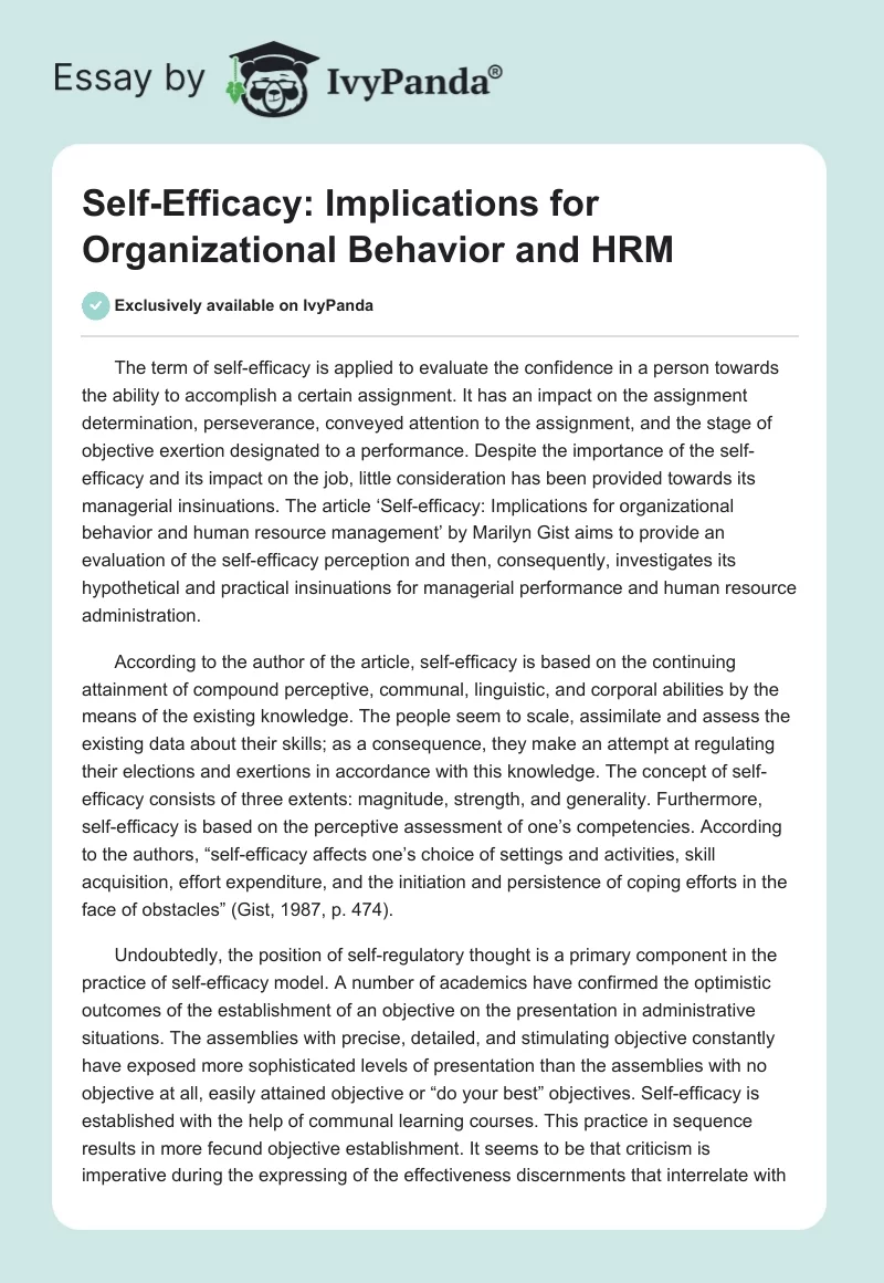 Self-Efficacy: Implications for Organizational Behavior and HRM. Page 1