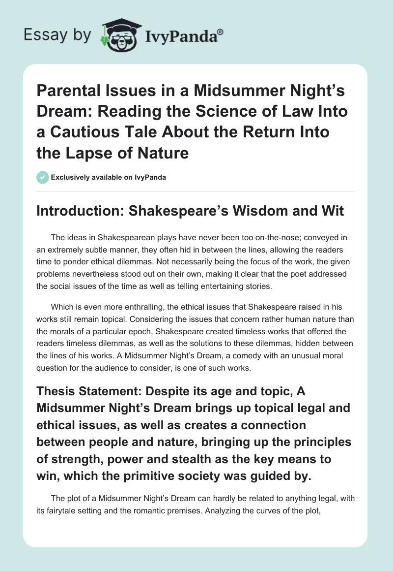 Parental Issues in A Midsummer Night’s Dream: Reading the Science of Law Into a Cautious Tale About the Return Into the Lapse of Nature. Page 1