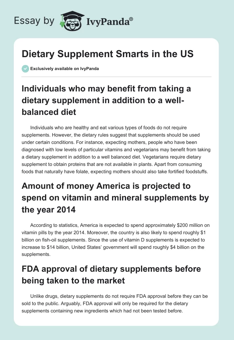 Dietary Supplement Smarts in the US. Page 1