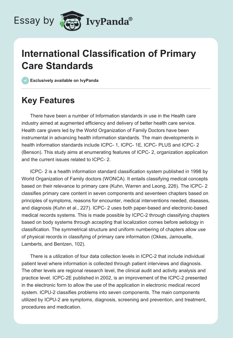 International Classification of Primary Care Standards. Page 1
