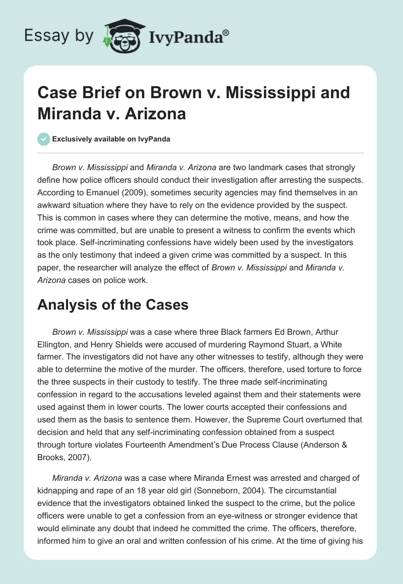 Case Brief on Brown v. Mississippi and Miranda v. Arizona. Page 1