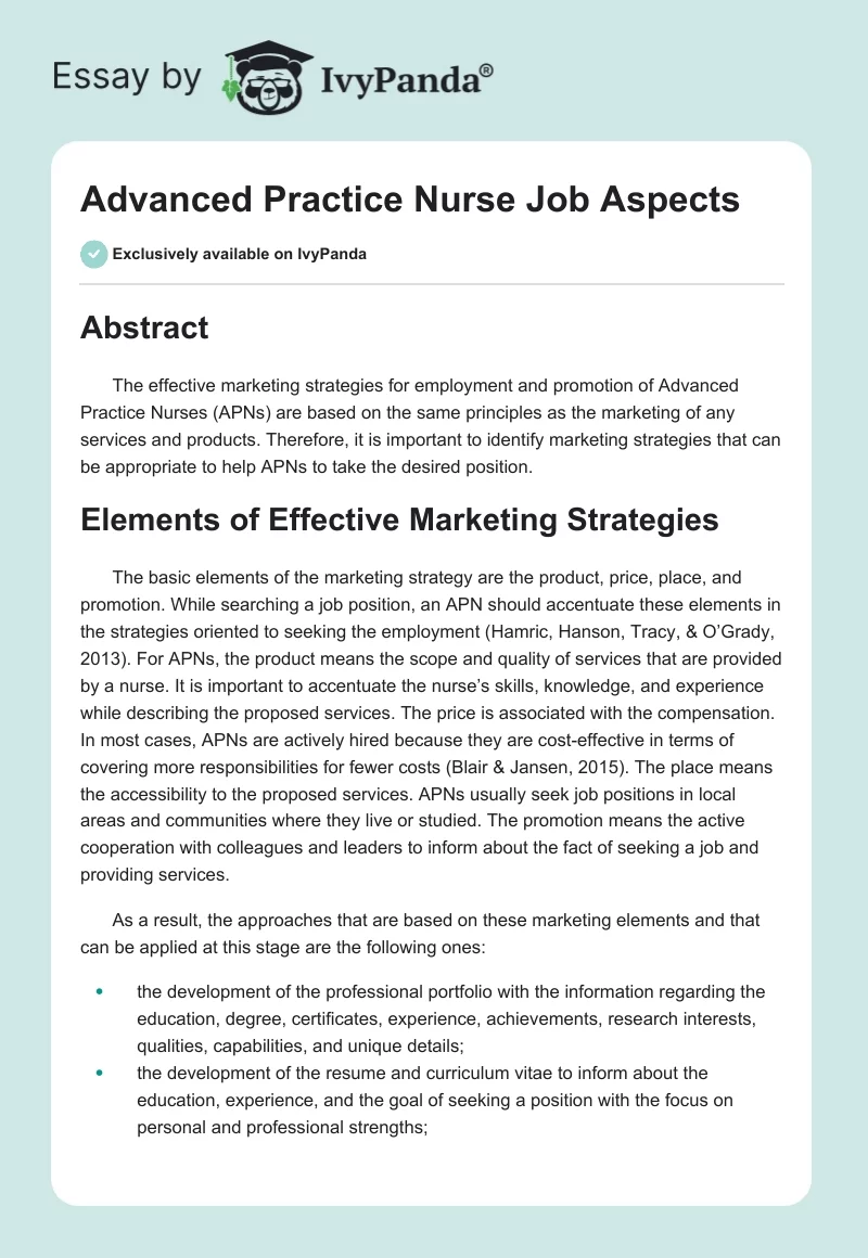 Advanced Practice Nurse Job Aspects. Page 1