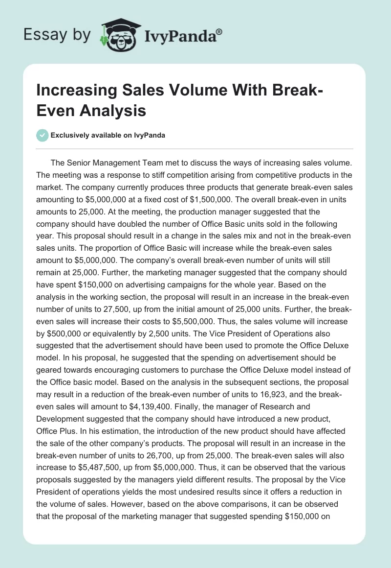 Increasing Sales Volume With Break-Even Analysis. Page 1