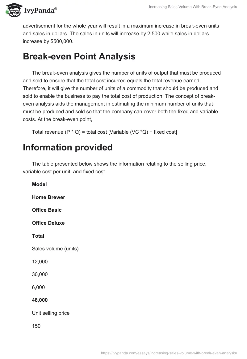 Increasing Sales Volume With Break-Even Analysis. Page 2