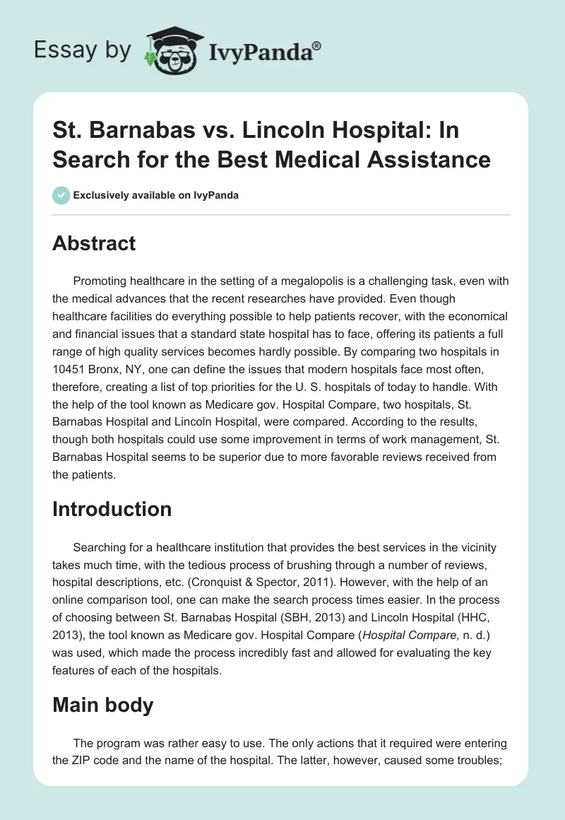 St. Barnabas vs. Lincoln Hospital: In Search for the Best Medical Assistance. Page 1