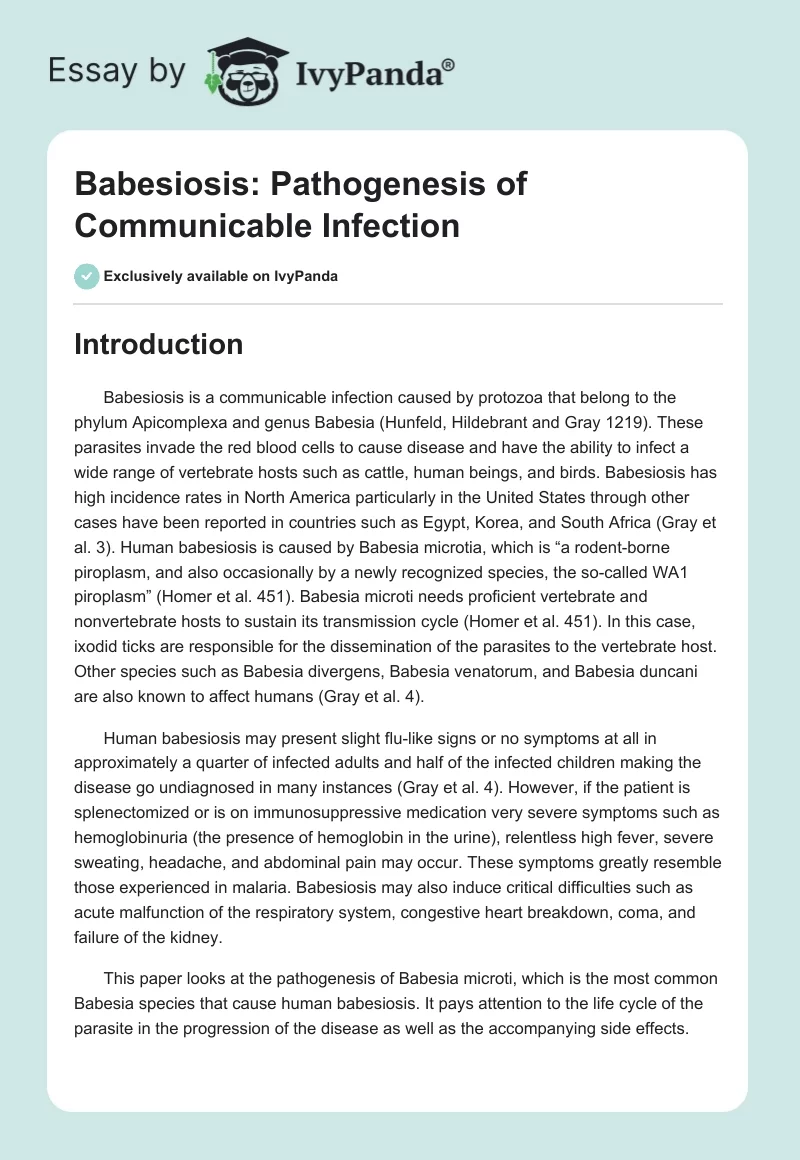 Babesiosis: Pathogenesis of Communicable Infection. Page 1