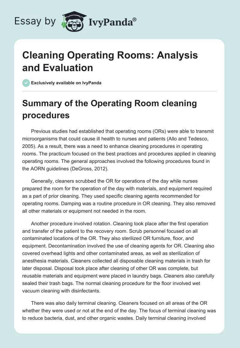Cleaning Operating Rooms: Analysis and Evaluation. Page 1