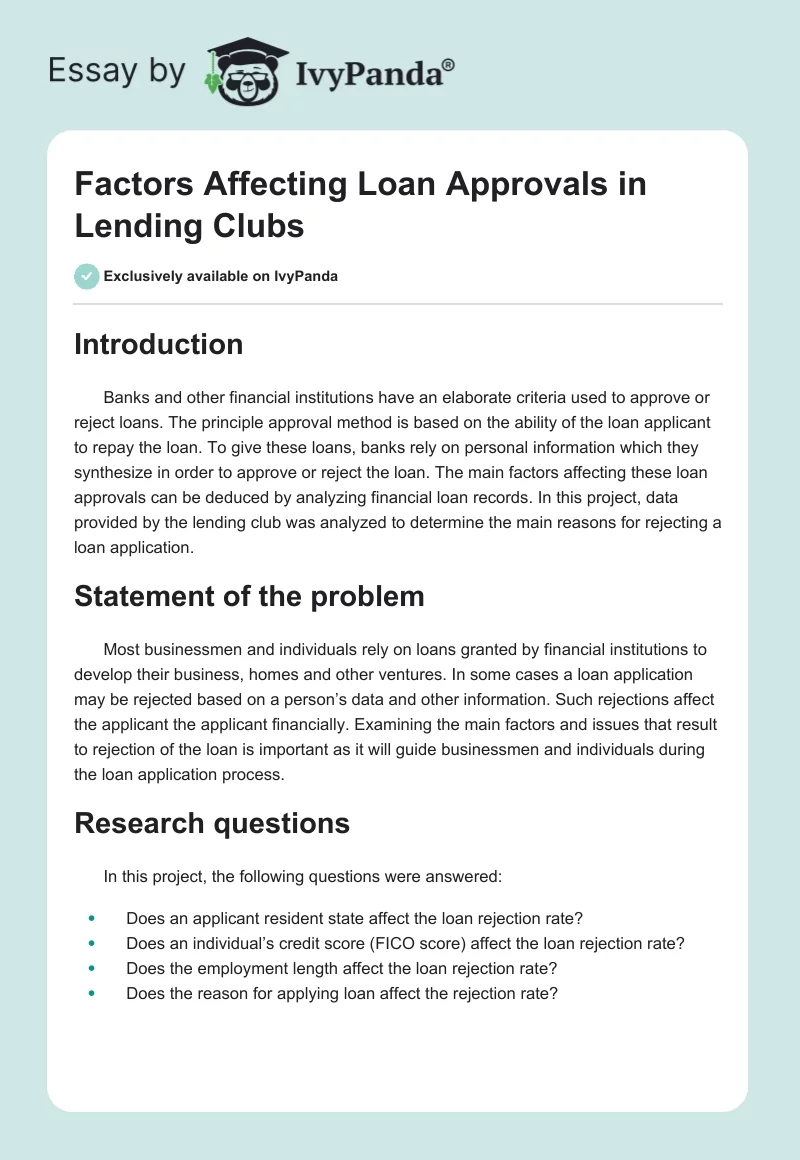 Factors Affecting Loan Approvals in Lending Clubs. Page 1