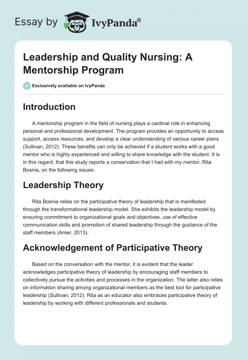 Leadership and Quality Nursing: A Mentorship Program. Page 1