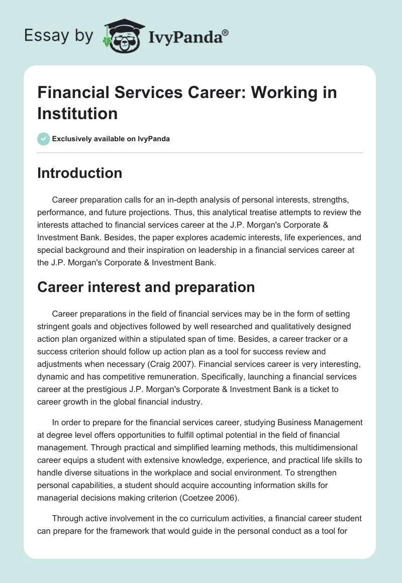 Financial Services Career: Working in Institution. Page 1