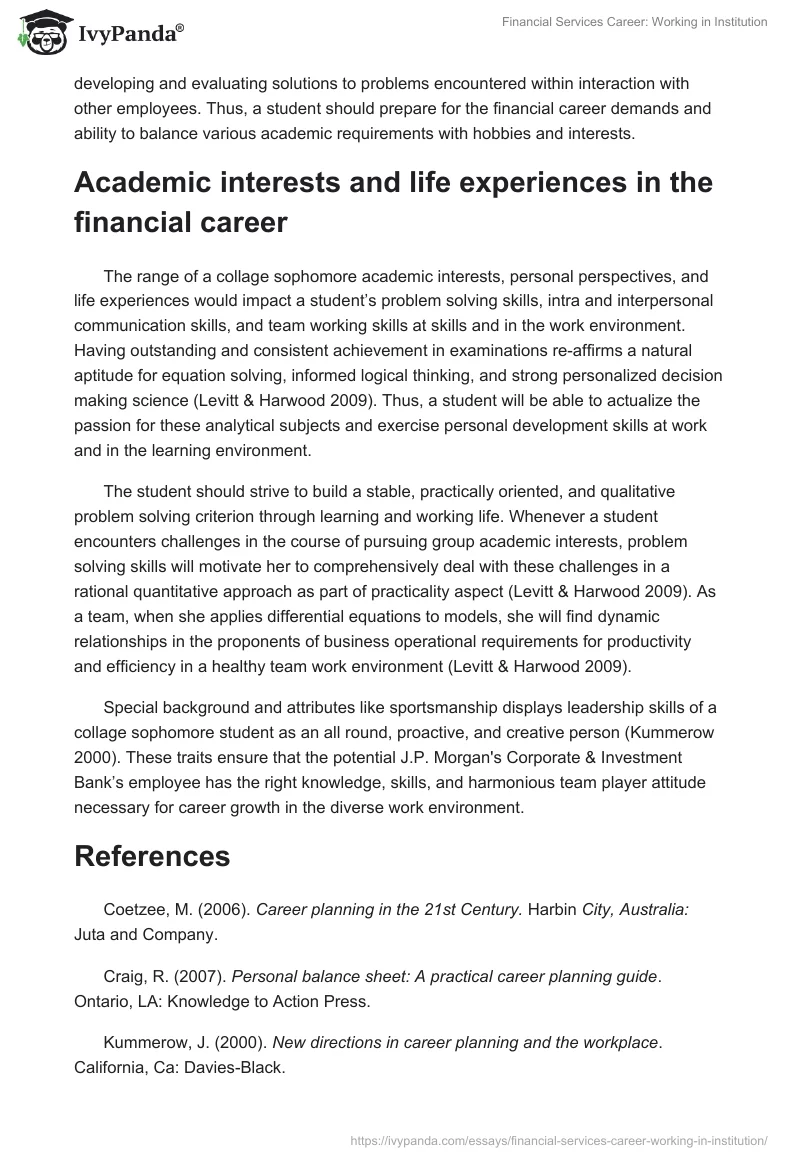 Financial Services Career: Working in Institution. Page 2