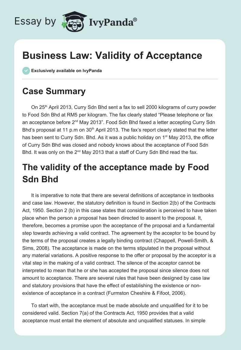 Business Law: Validity of Acceptance. Page 1