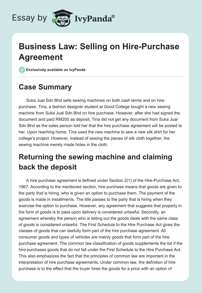 Business Law: Selling on Hire-Purchase Agreement. Page 1