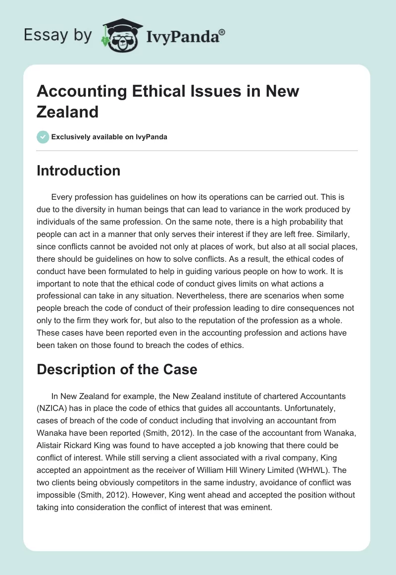 Accounting Ethical Issues in New Zealand. Page 1