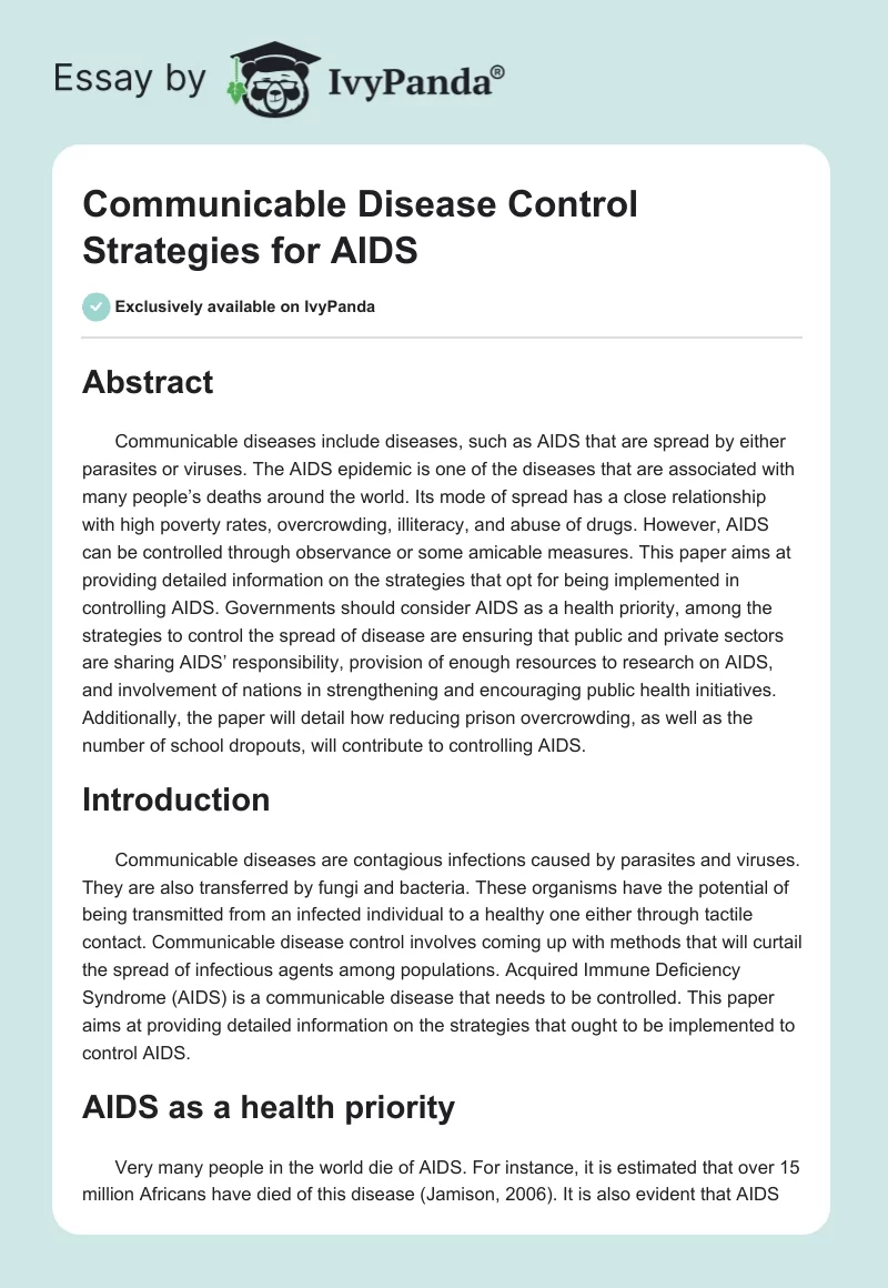 Communicable Disease Control Strategies for AIDS. Page 1