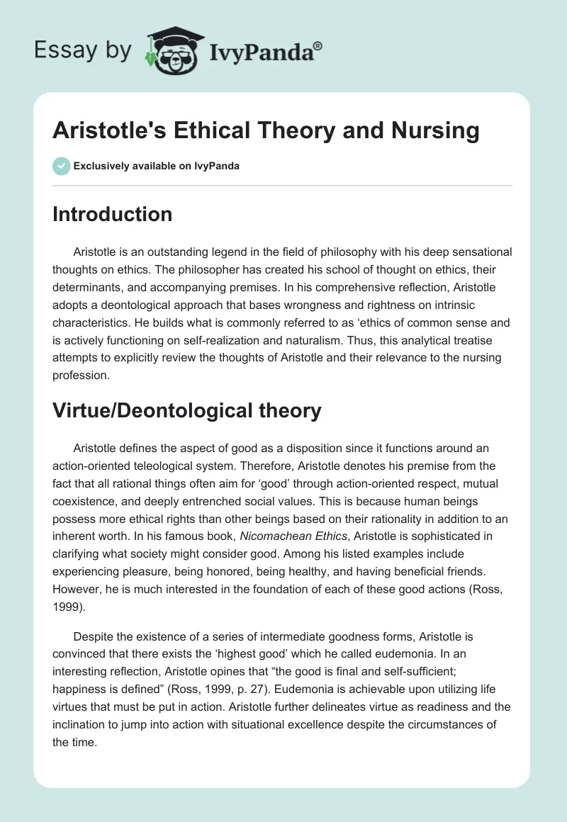 Aristotle's Ethical Theory and Nursing. Page 1