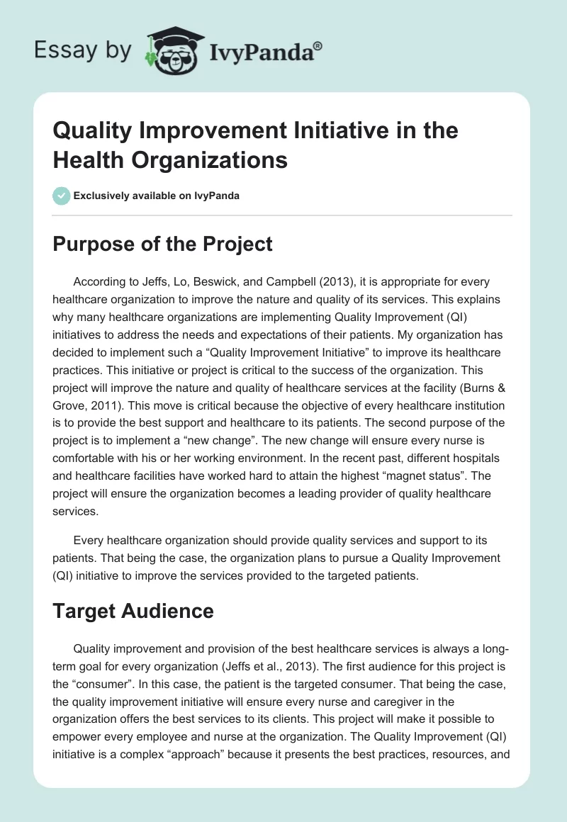 Quality Improvement Initiative in the Health Organizations. Page 1